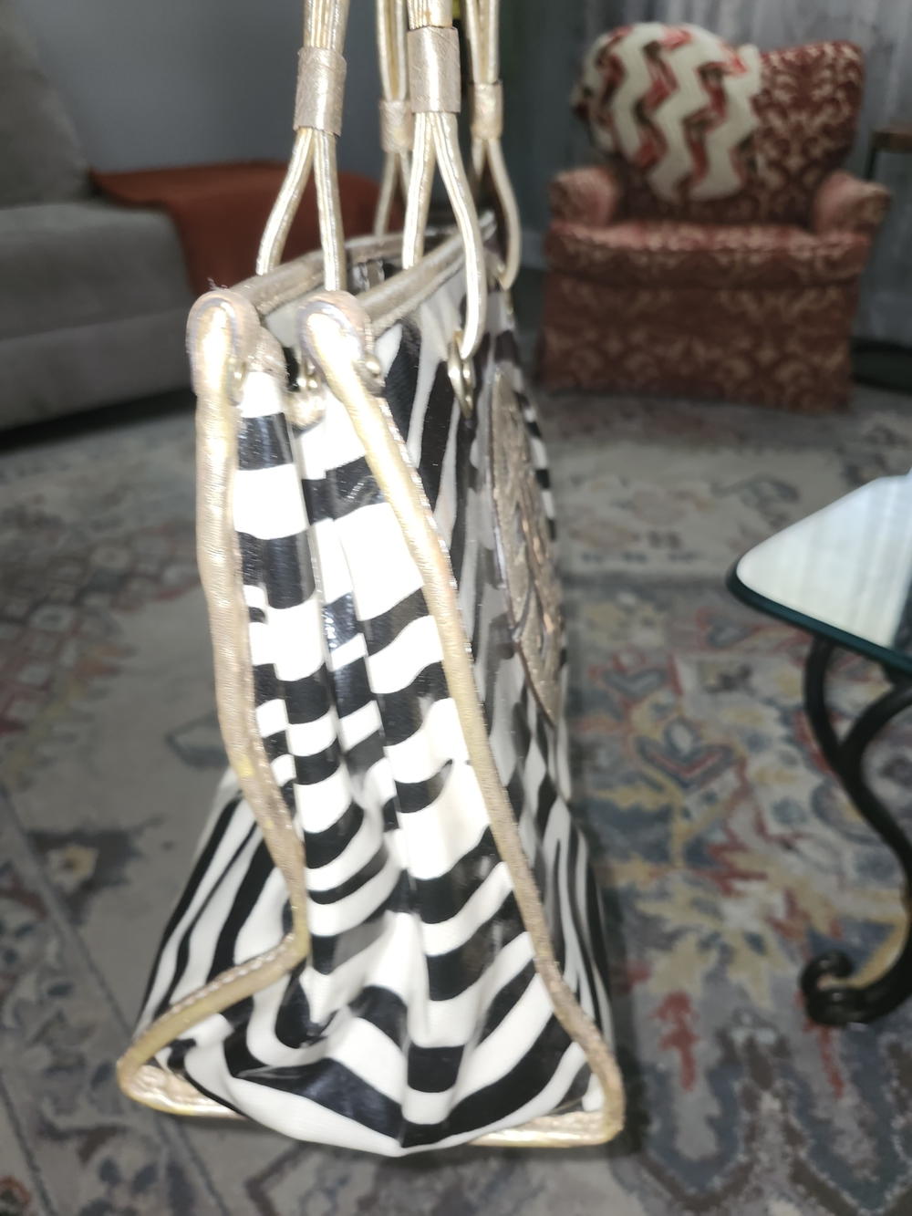 ANTONIO MELANI Black and White Zebra Satchel with Gold Accents - Picture 3 of 4